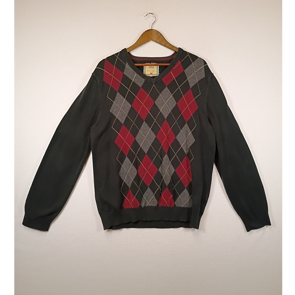 Preppy G.H. Bass & Co. Mens Large Green Red Argyle V-Neck Cotton Sweater